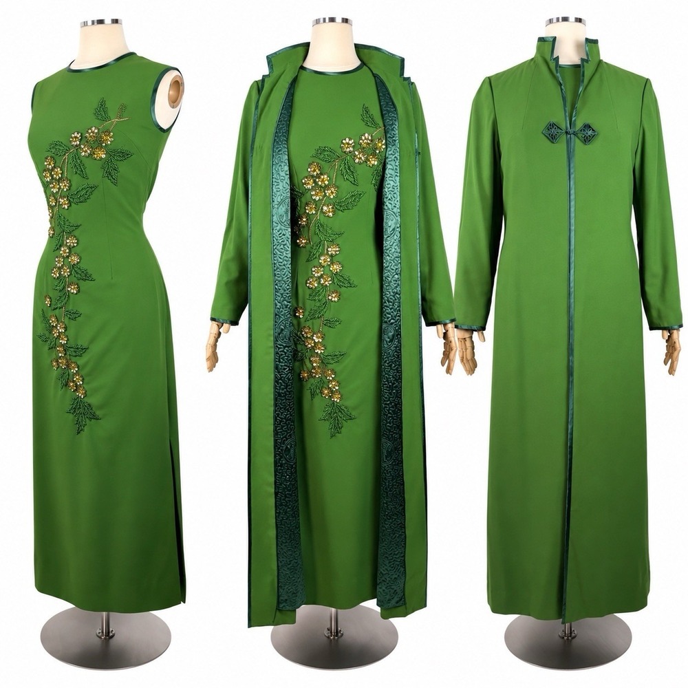 Rare Green Vintage 60's Hong Kong Hand Beaded Tailored Dress Coat Ensemble Sz S